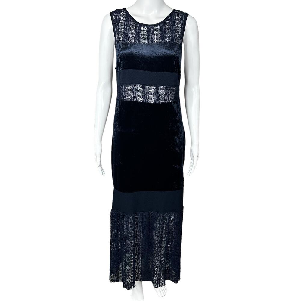 Free People Crushed Velvet Sheer Lace Blue Maxi Dress Large Fairy Witchy Gothic - Picture 11 of 16